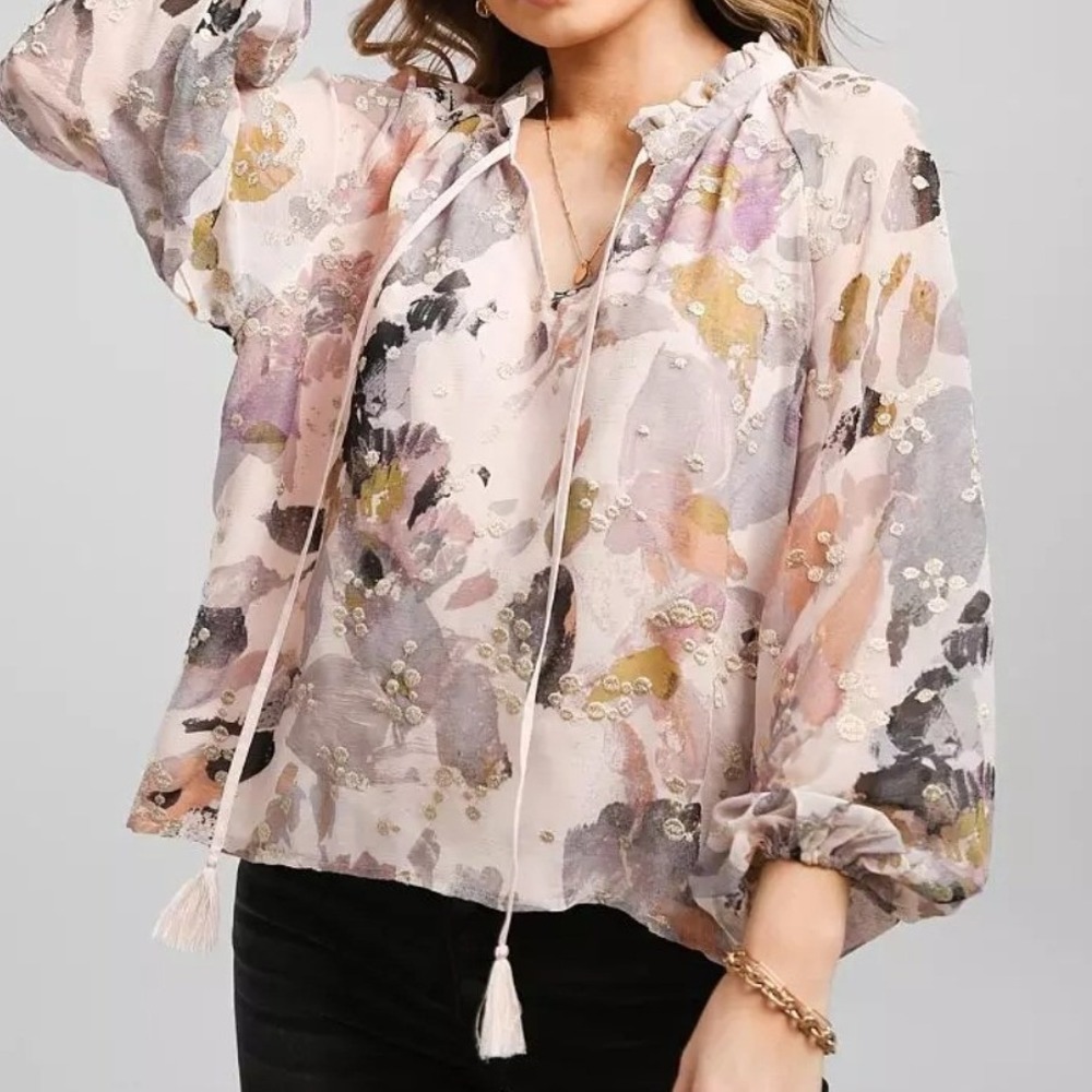 Buckle Black Blouse Pink Abstract‎ Floral Metallic Gold Dot Boho Tassel XS